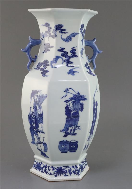 A Chinese blue and white hexagonal immortals vase H. 41cm